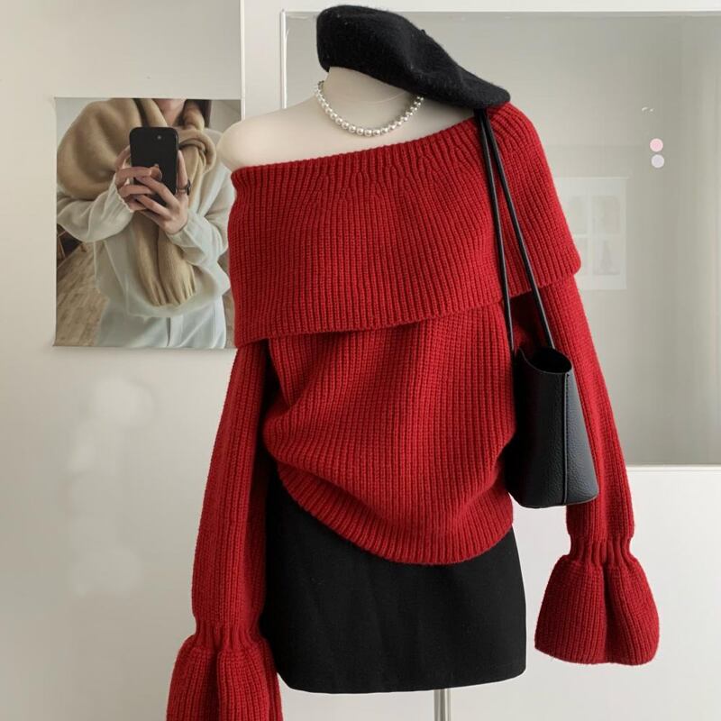 【tops】オフショルダーラペルニットトップス Q7643