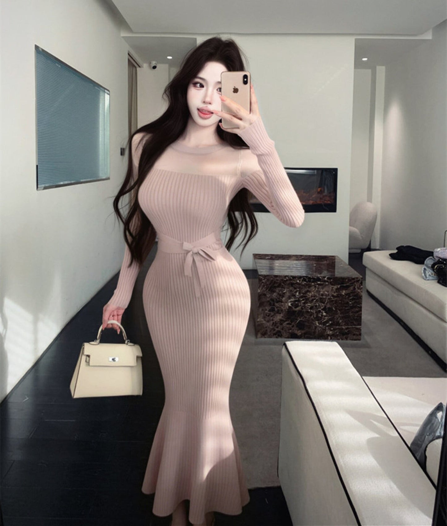 【dress】透け感マーメイドニットワンピース　N3517