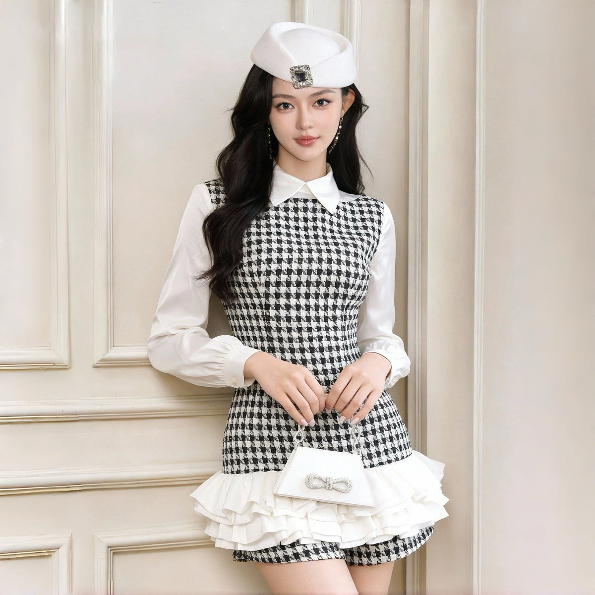 【dress】フリル千鳥格子コンビネゾン　N3519