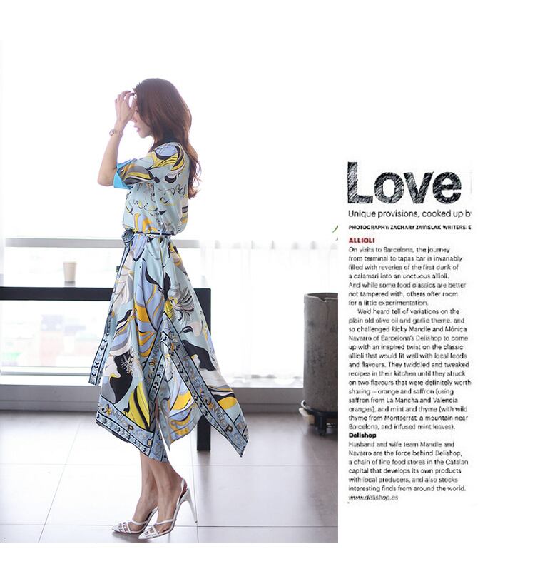 【dress】韓国風気質満点ファッション折り襟不規則 プリントワンピース G0398