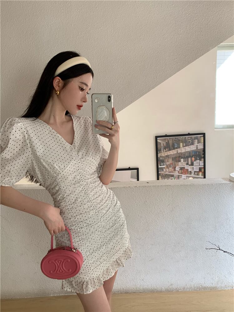 【dress】Vネックパフスリーブギャザーワンピース G21271