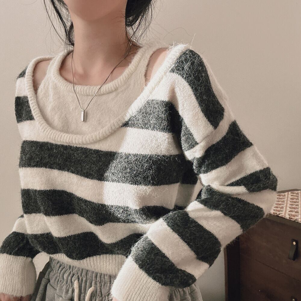 【tops】ボーダー柄切り替えニットセーター　M27774