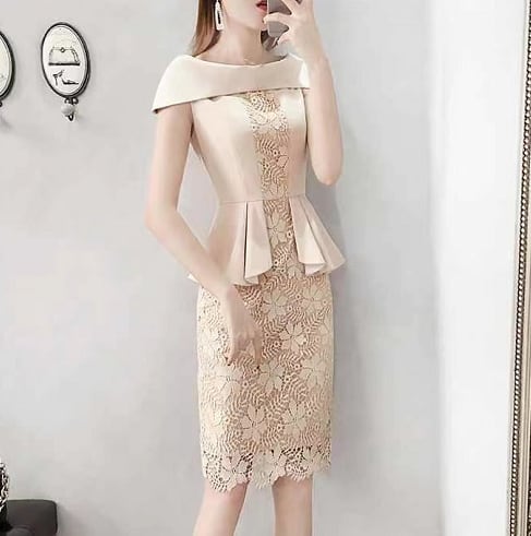 【dress】オシャレ度満点〜ギャザーレース切り替えスリットOL通勤タイトンワンピースF2427