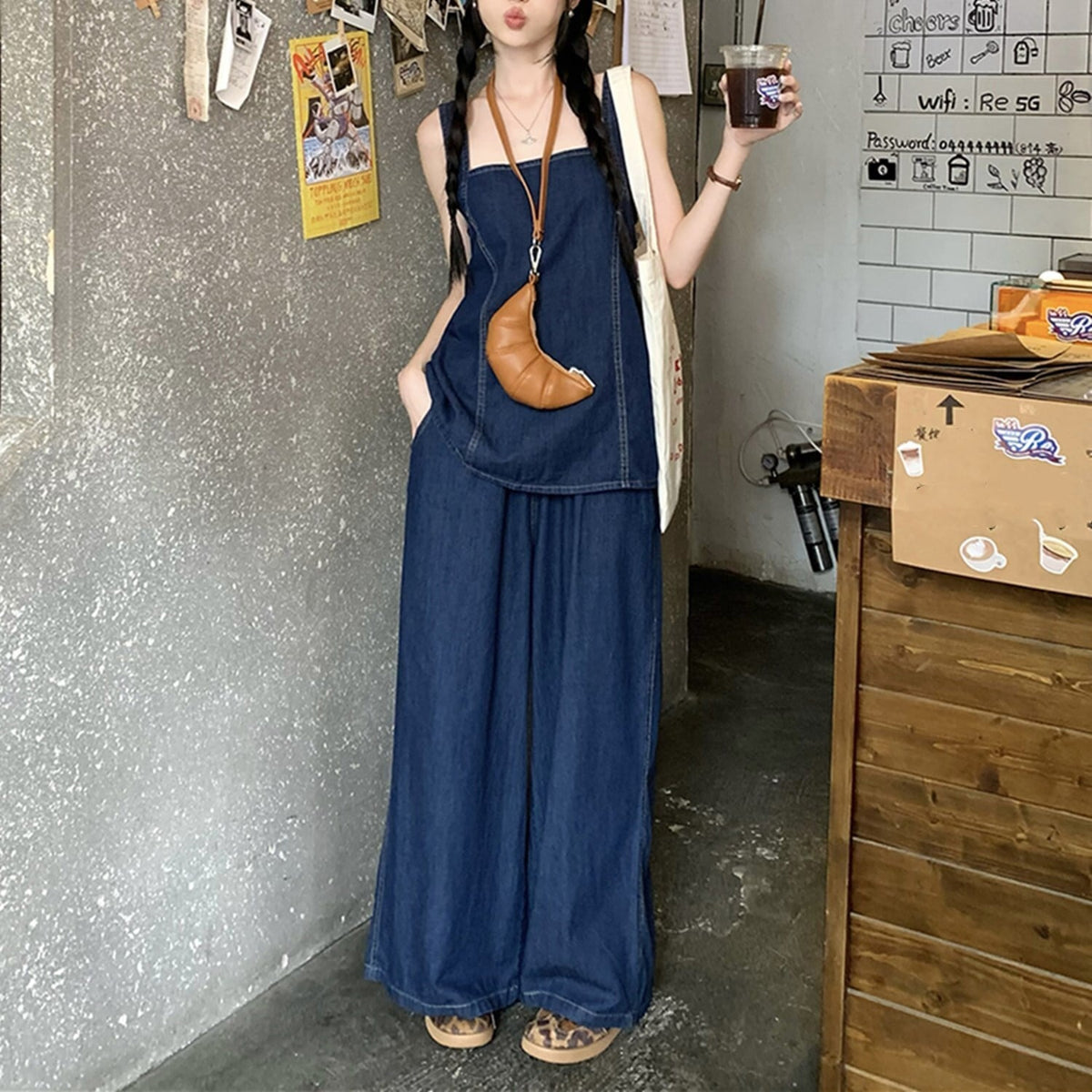 【set】バックリボンデニムトップス×ワイドパンツセット    N2682
