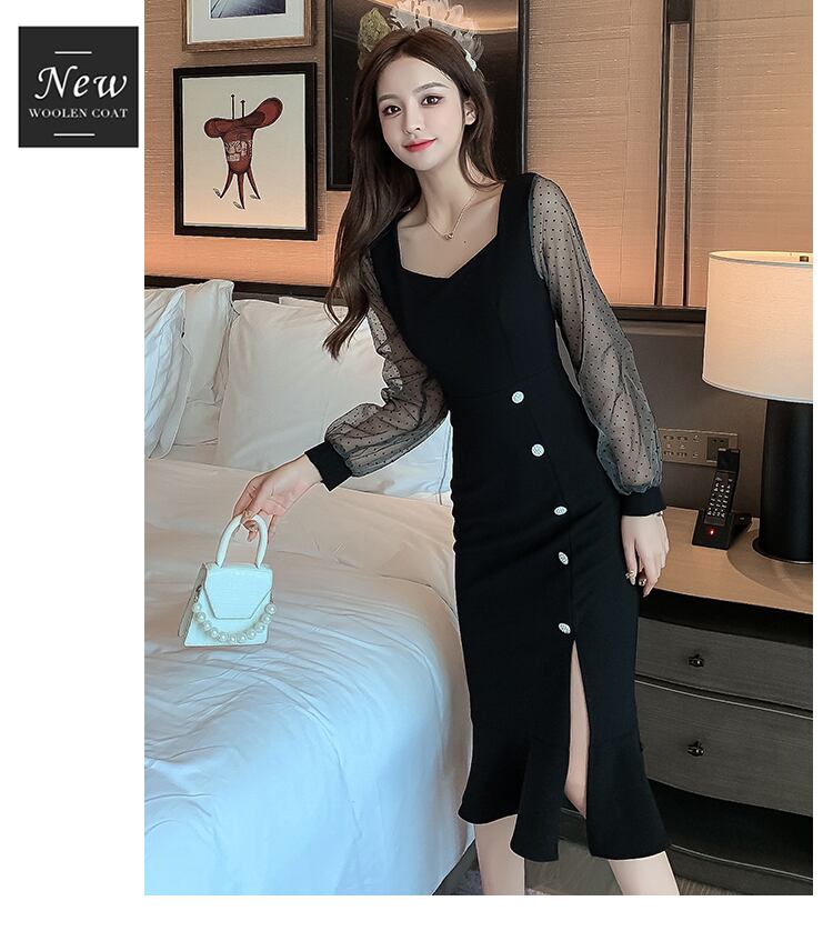 【dress】ファッション!気質満点スクエアネック無地Aライン着痩せワンピース G1660