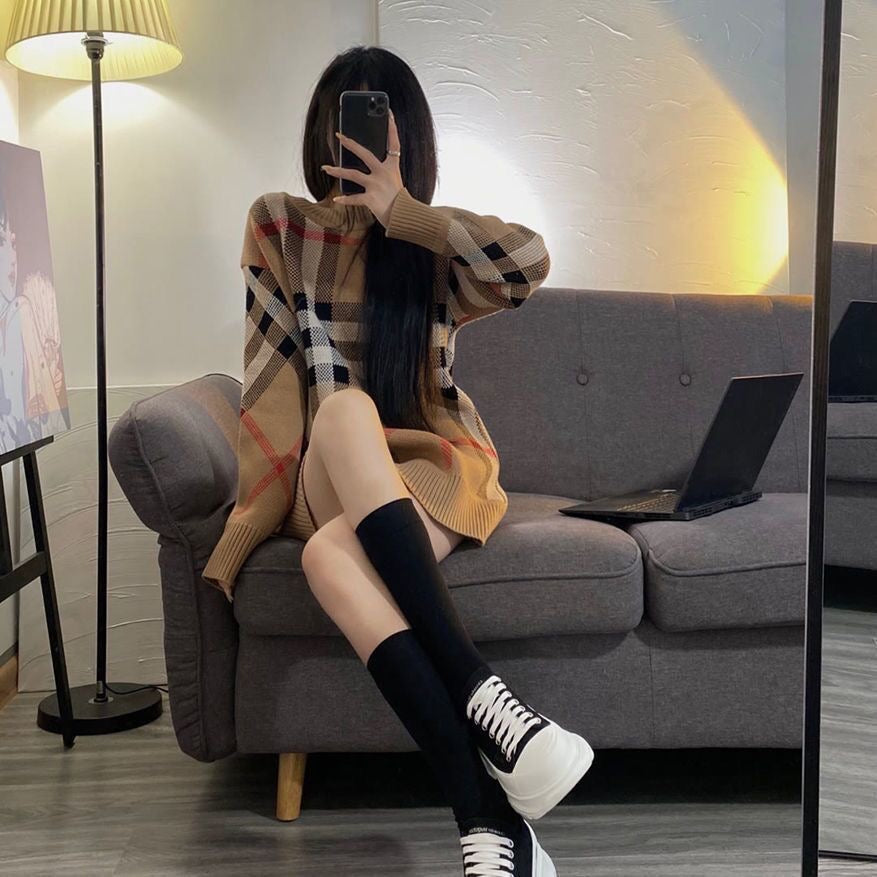 【tops】チェック柄長袖ニットセーターF8145