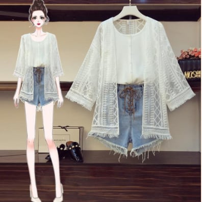 【set】好感度満載！3点セットレースカーディガン+無地タンクトップ+デニムショートパンツF0233