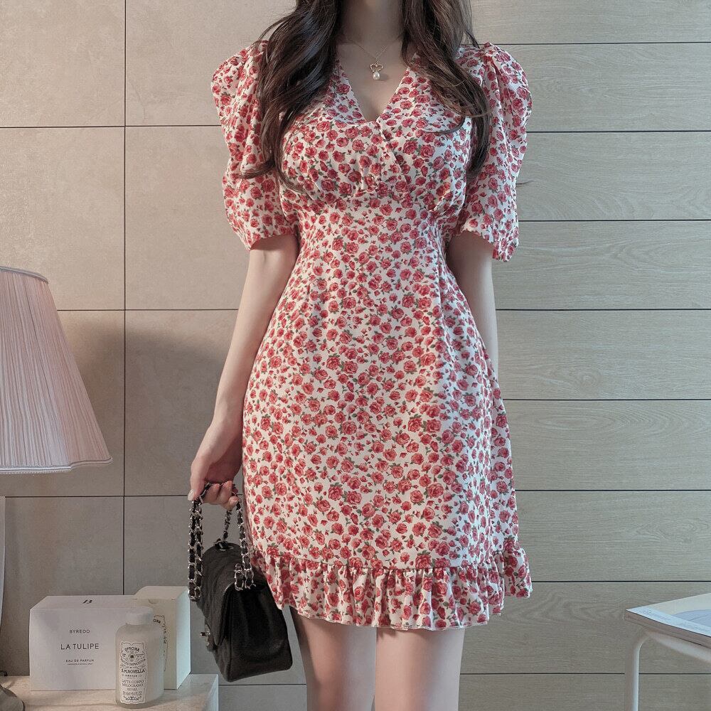 【dress】美人度アップ!気質満点スウィートVネックパフスリーブシフォン花柄ワンピース