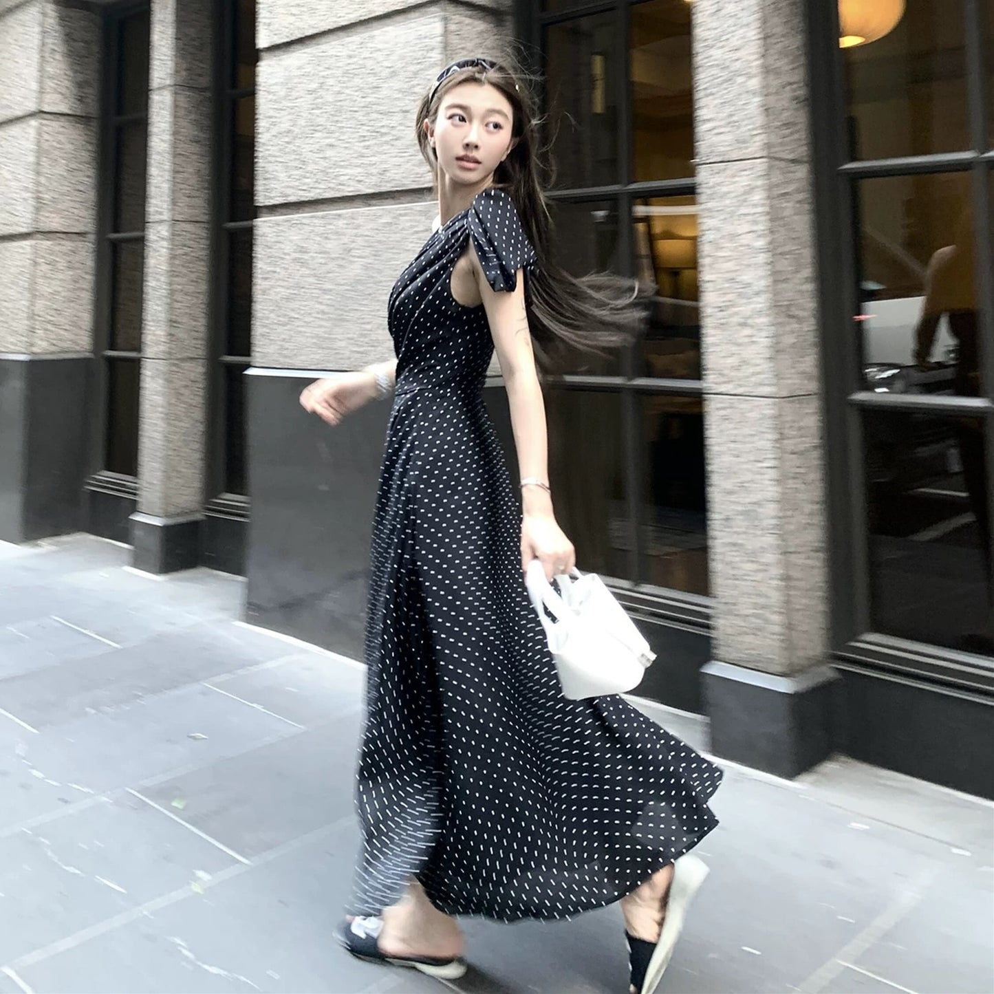 【dress】ワンショルダーリボンドット柄ワンピース　N3045