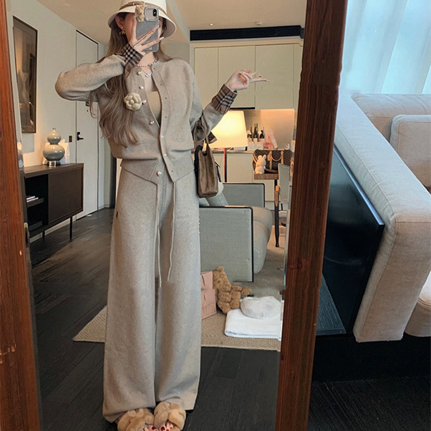 【set】チェック柄切り替えニットカーディガン×ワイドパンツセット　N3307