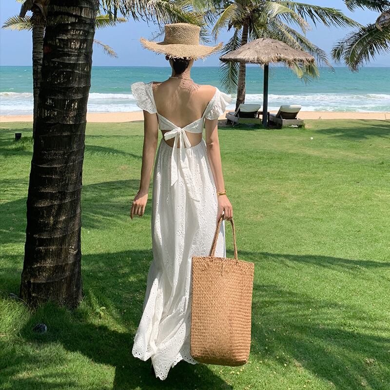 【dress】Vネック透かし彫り海旅行ワンピースF6080