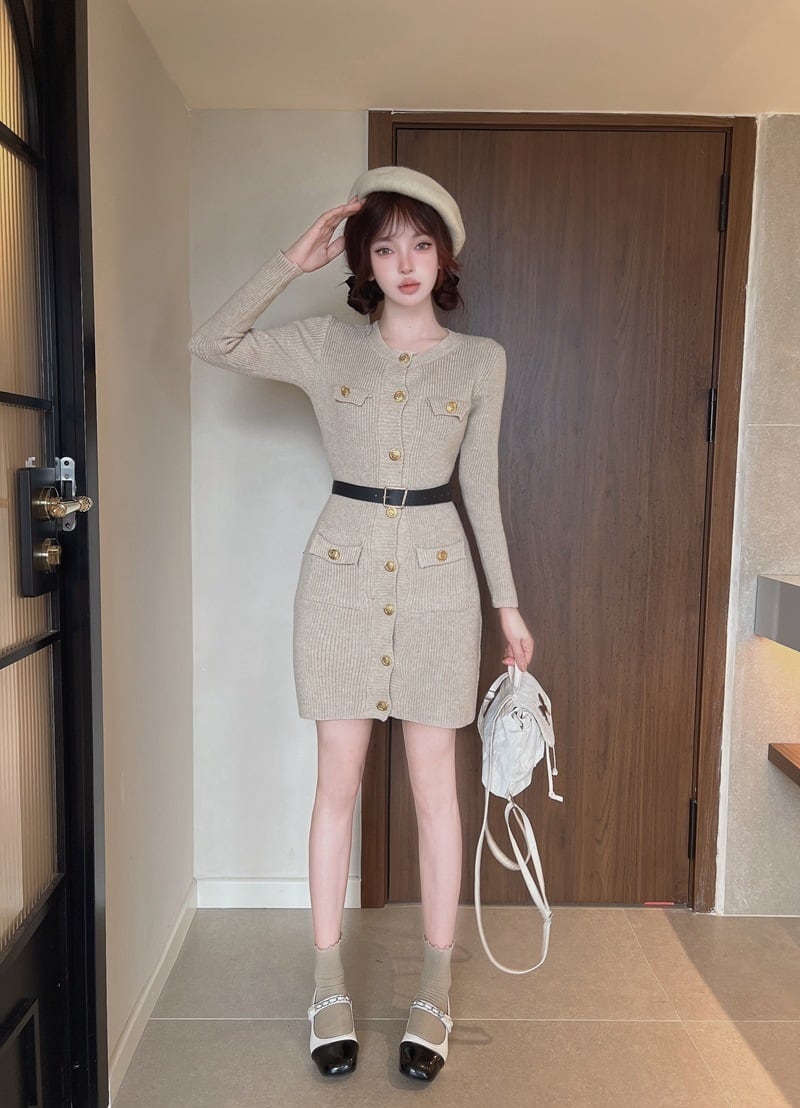 【dress】ボタンデザインニットワンピース　M27419