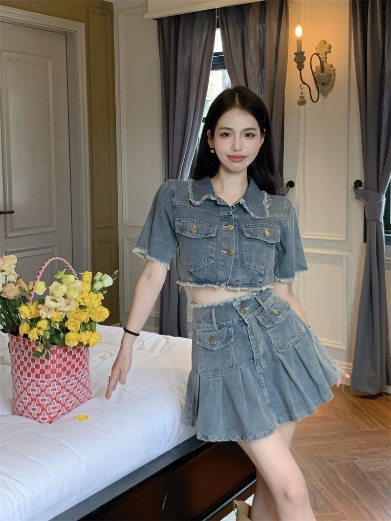 【set】半袖ジャケット+スカートデニム2点セットF7529