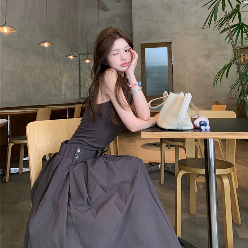 【dress】ノースリーブフェイクレイヤードロングワンピース Q8500