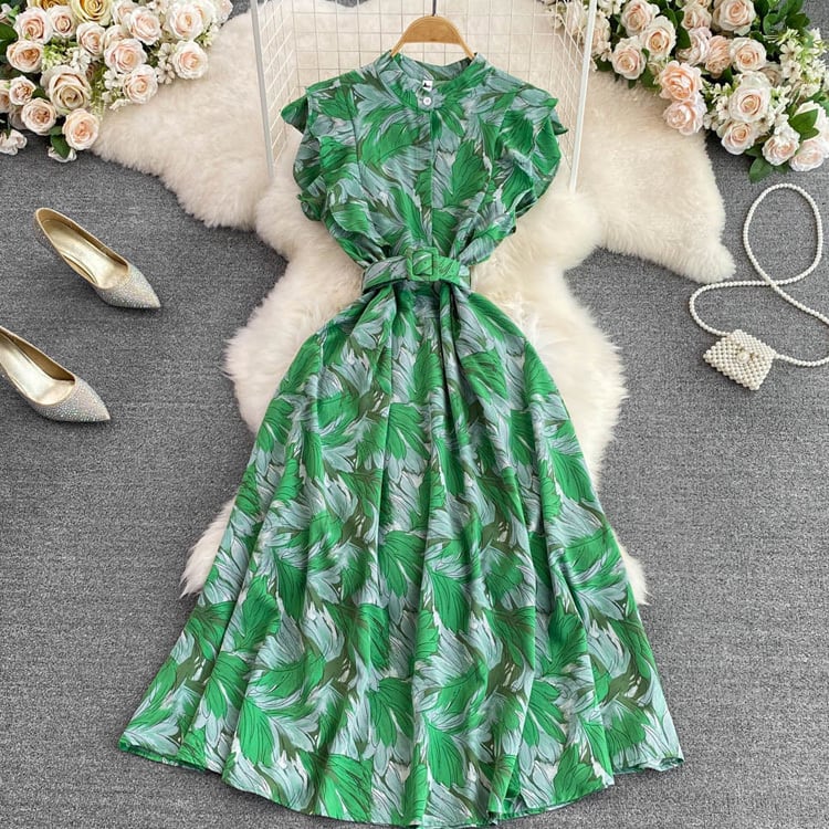 【dress】オシャレ度満点〜夏新作海旅行4色バンドカラー花柄配色シフォンワンピースF5110