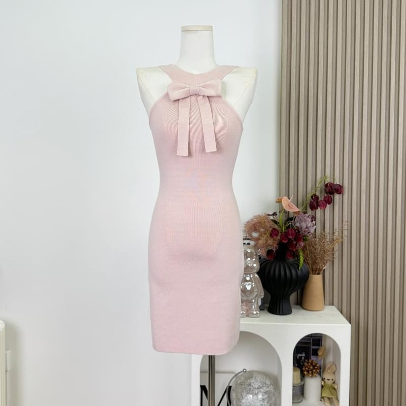 【dress】リボン付きホルターネックニットワンピース Q7374
