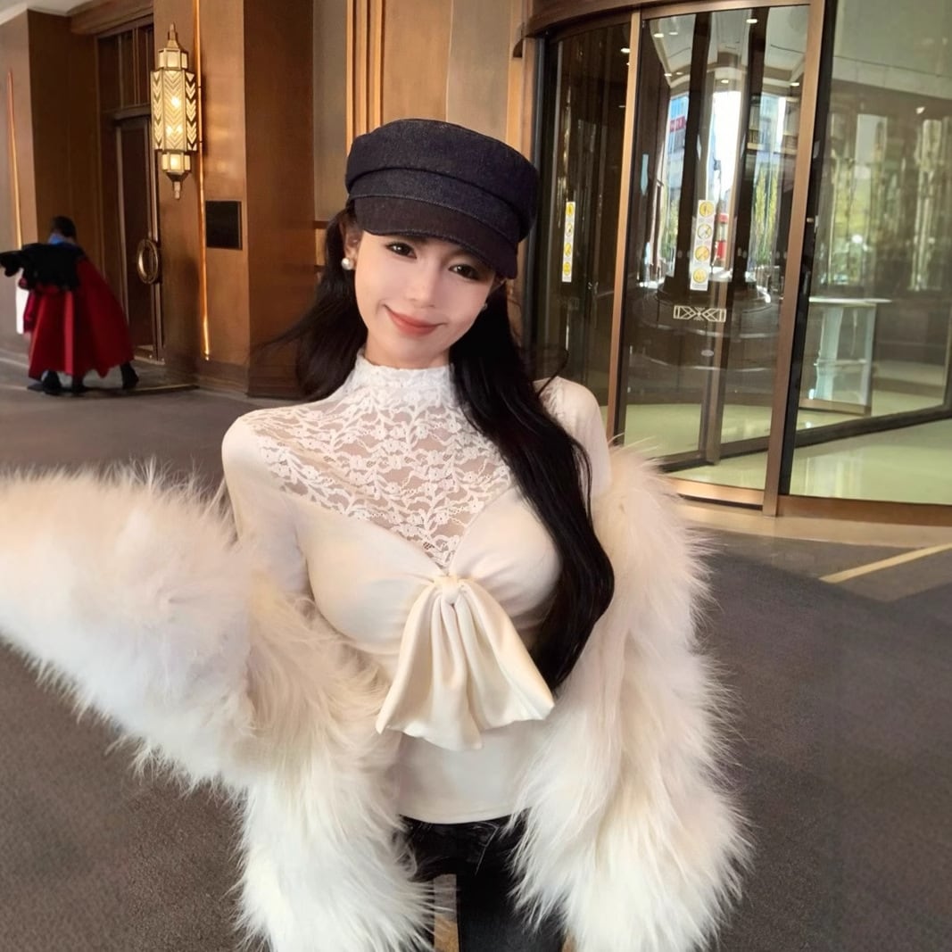 【tops】リボン付きレースドッキングトップス　M28143