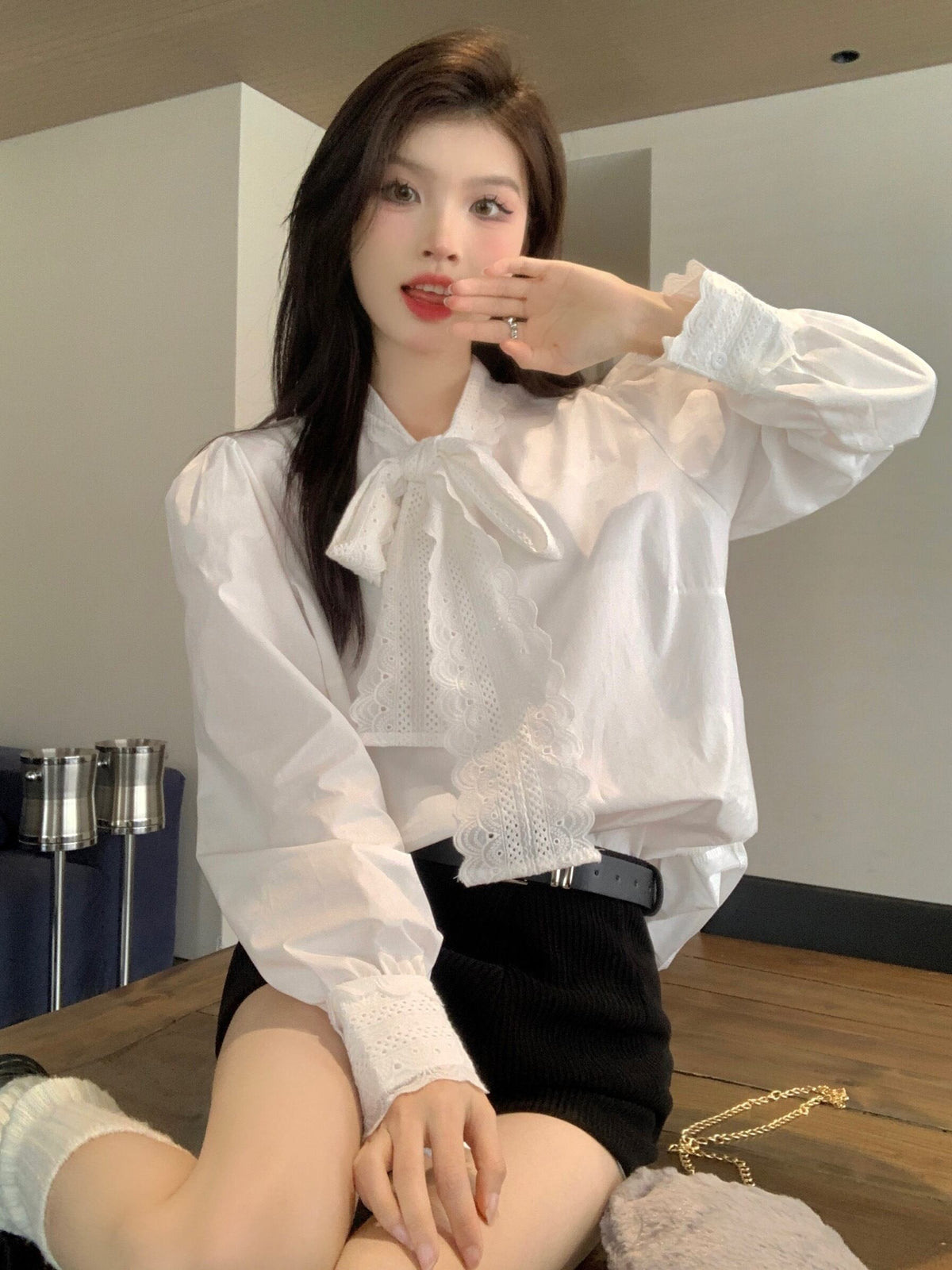 【tops】レース切り替えシャツブラウス　M29816