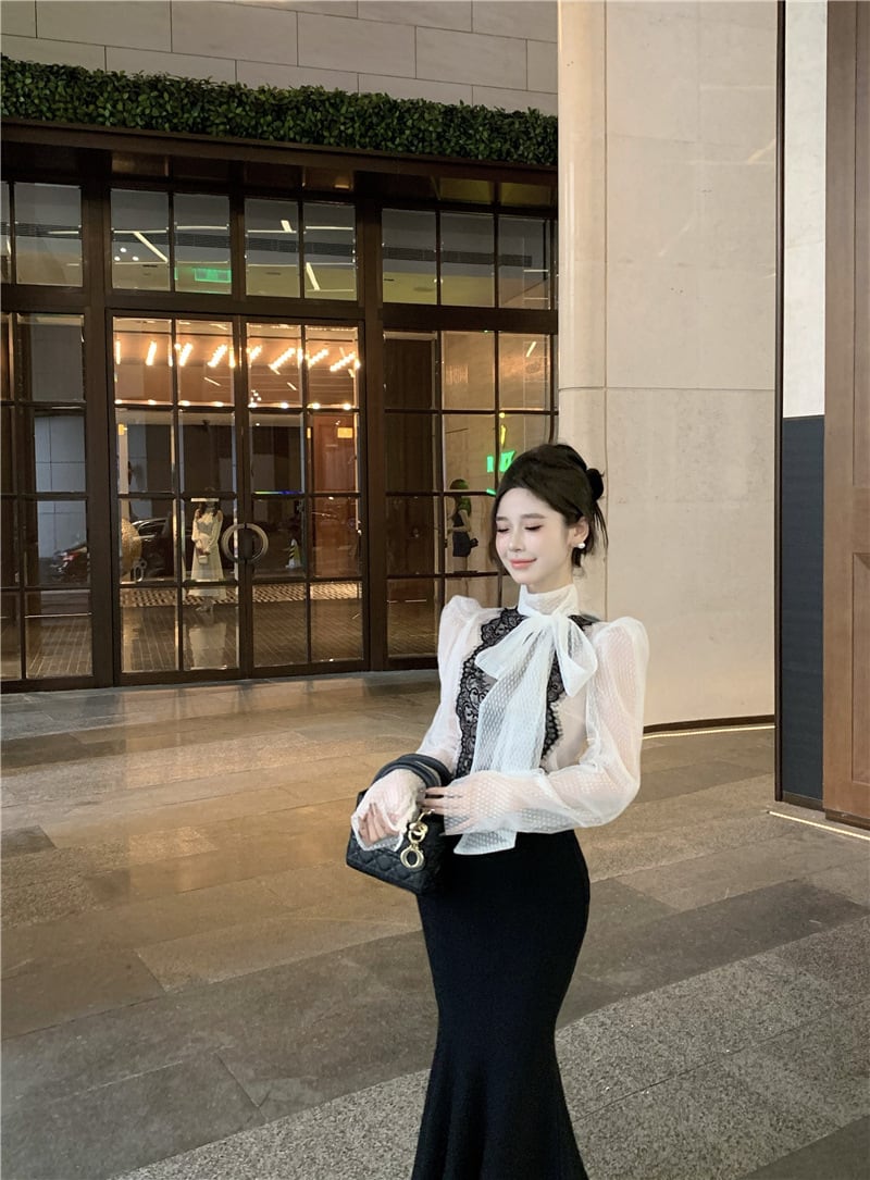 【tops】レース切り替リボン付きシャツトップス　M27164