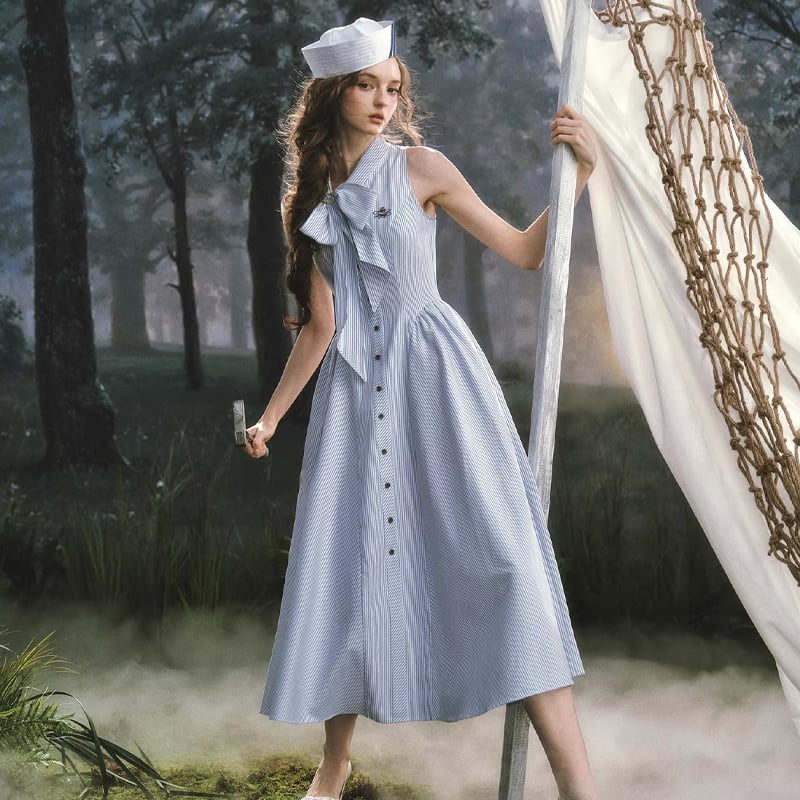 【dress】リボン付きストライプ柄ベストワンピース Q8458