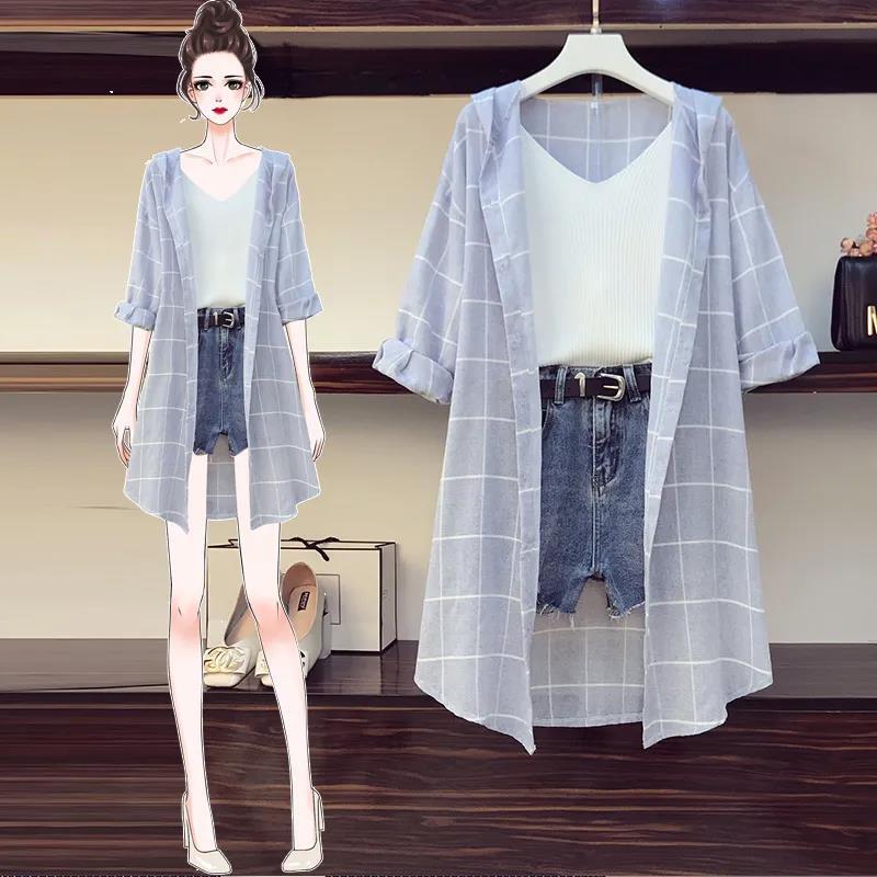 【set】オシャレ度満点〜3点セットチェック柄シャツ+無地タンクトップ+デニムショートパンツF0231