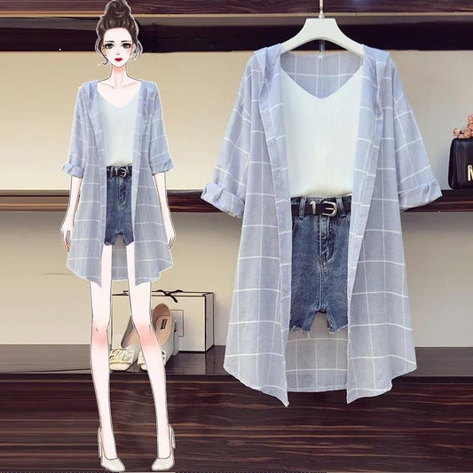 【set】オシャレ度満点〜3点セットチェック柄シャツ+無地タンクトップ+デニムショートパンツF0231