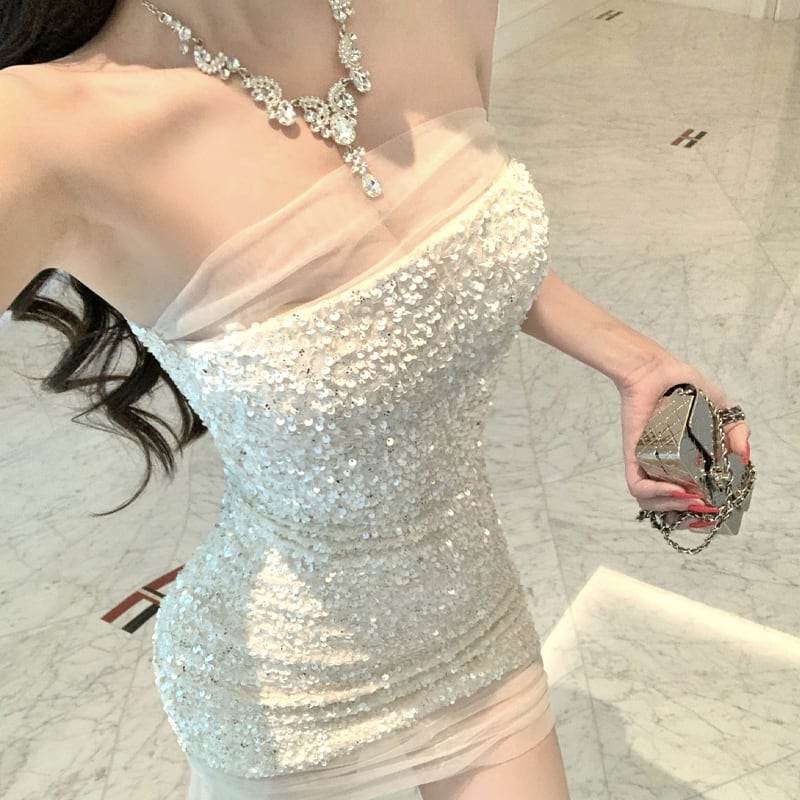 【dress】スパンコール付きチュールドッキングチューブドレス Q7996