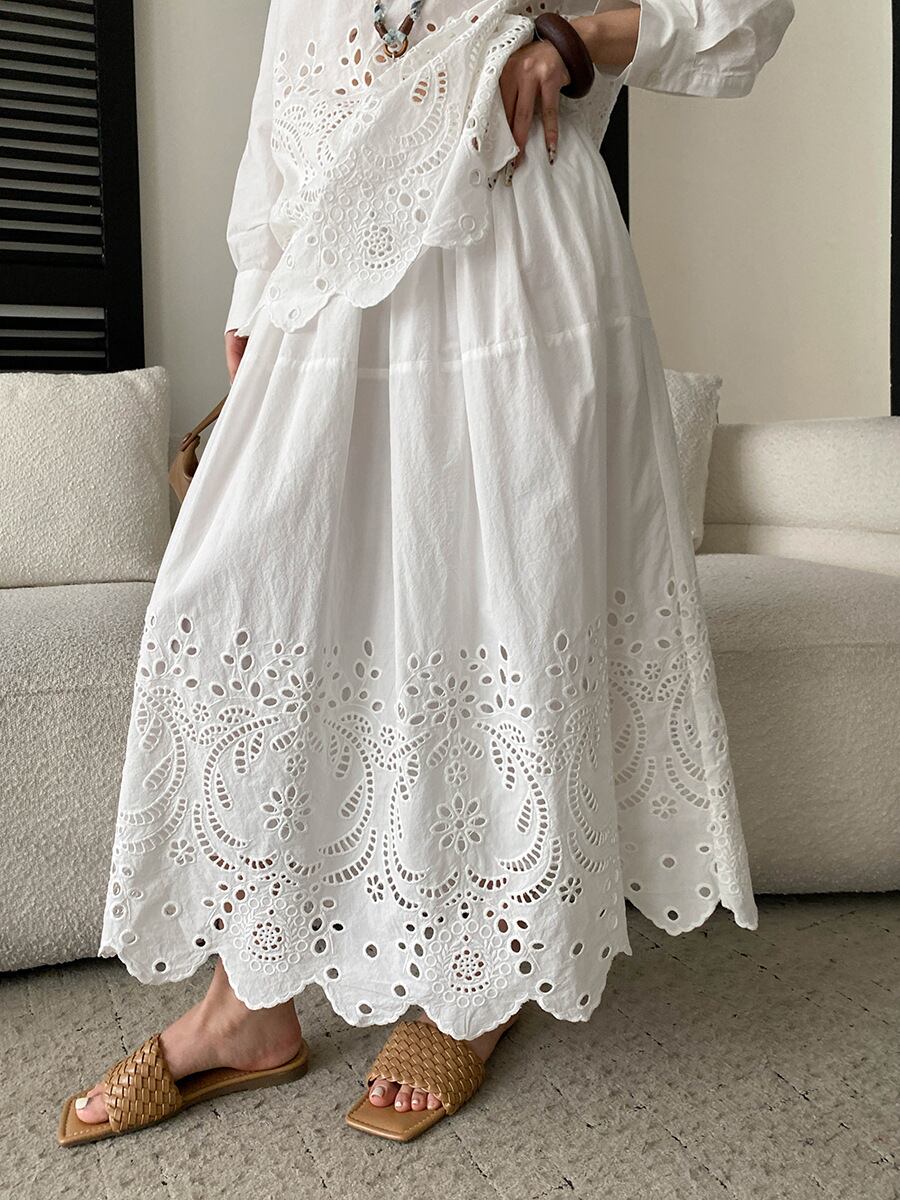 【set】アイレットレーストップス×ロングスカートセット Q8399