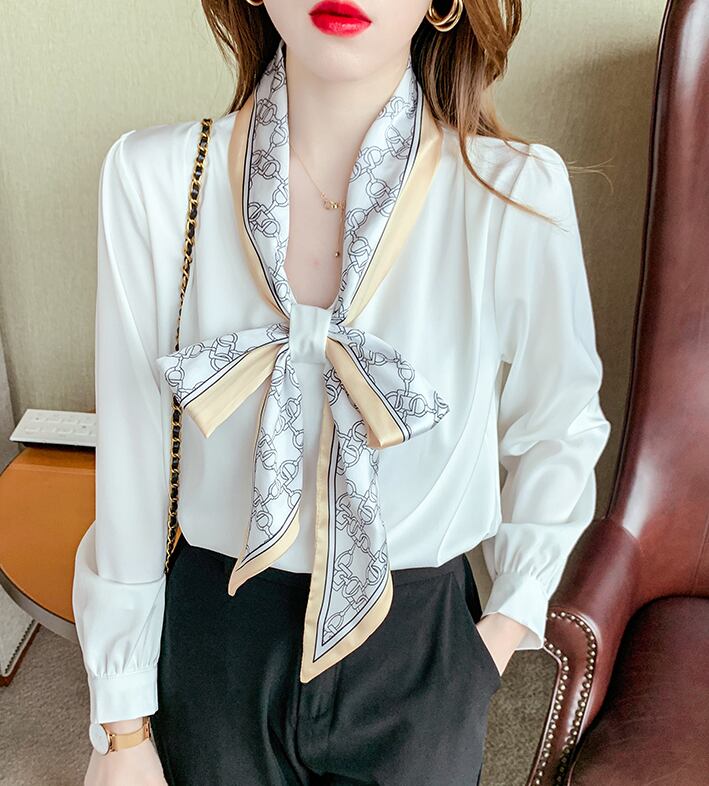 【tops】タイカラー長袖プリント配色ファッションゆったり着回しブラウスF0601