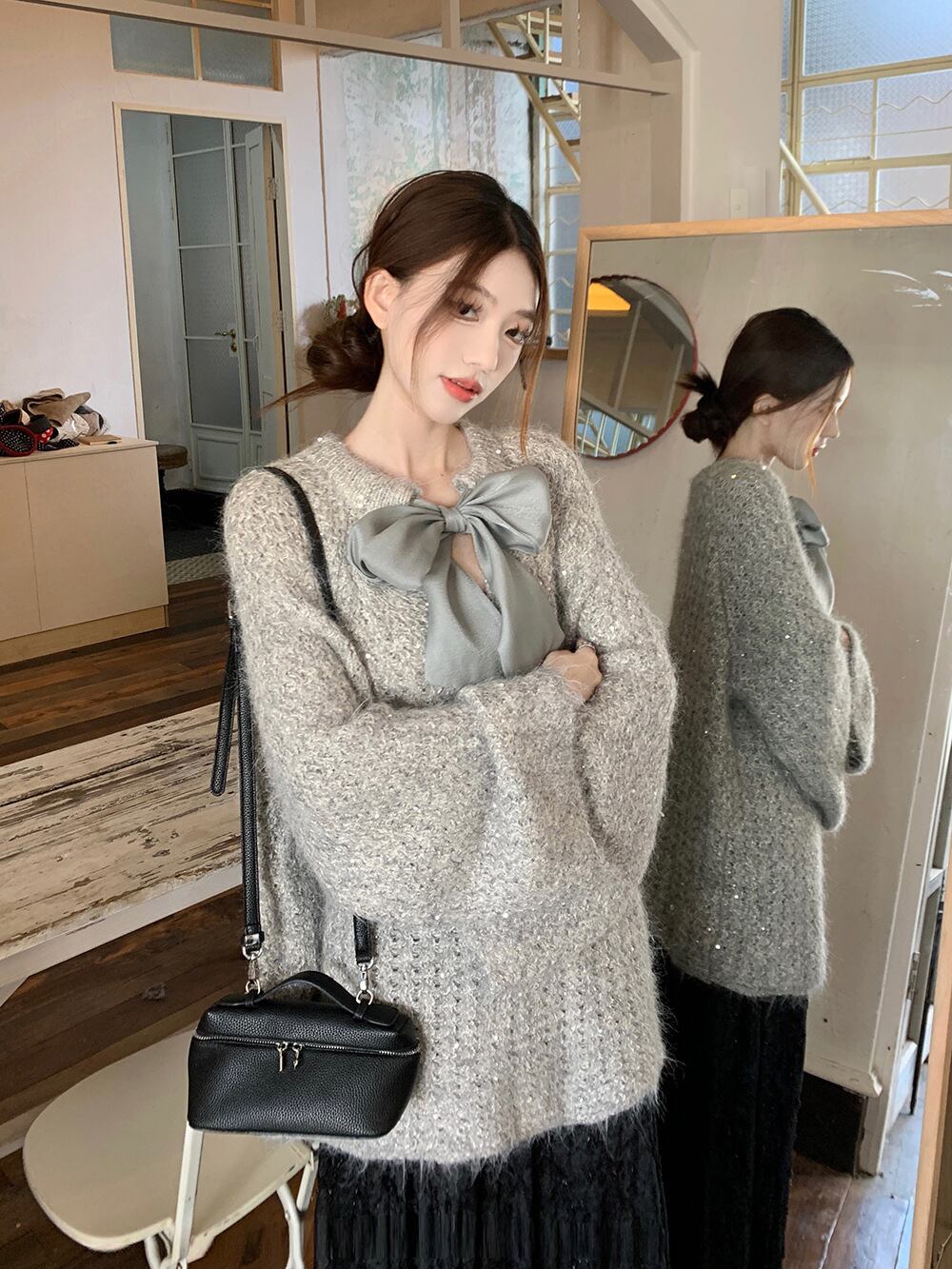 【tops】リボン付きニットセーター　M27460