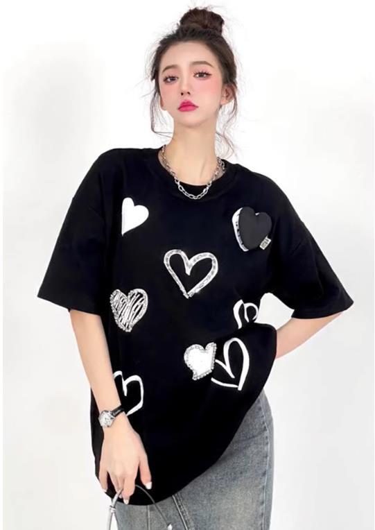 【tops】ラウンドネック半袖ハート柄ＴシャツF7313