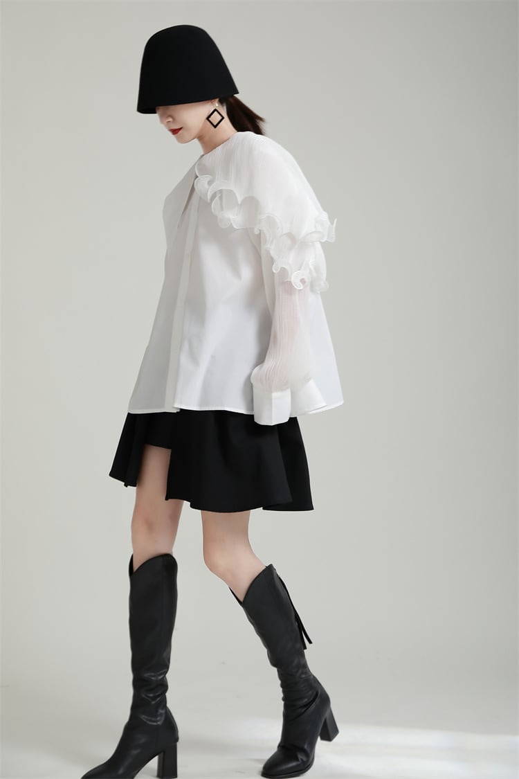 【tops】フリル不規則 イレギュラーシャツブラウス　M29334