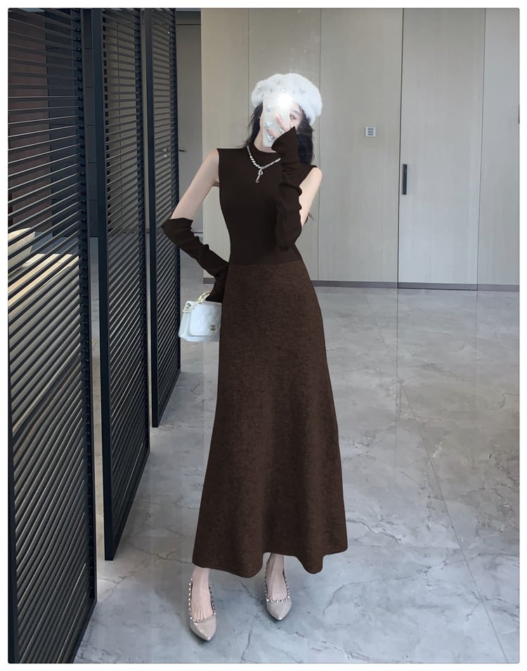 【dress】アームカバー付きドッキングニットワンピース　M28118
