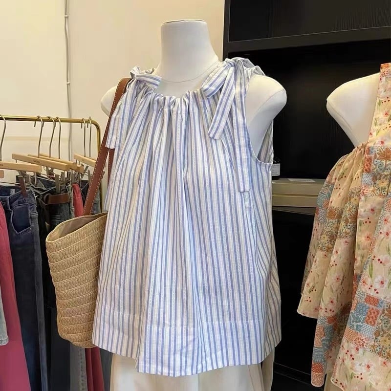 【tops】ノースリーブストライプ柄タンクトップF7508