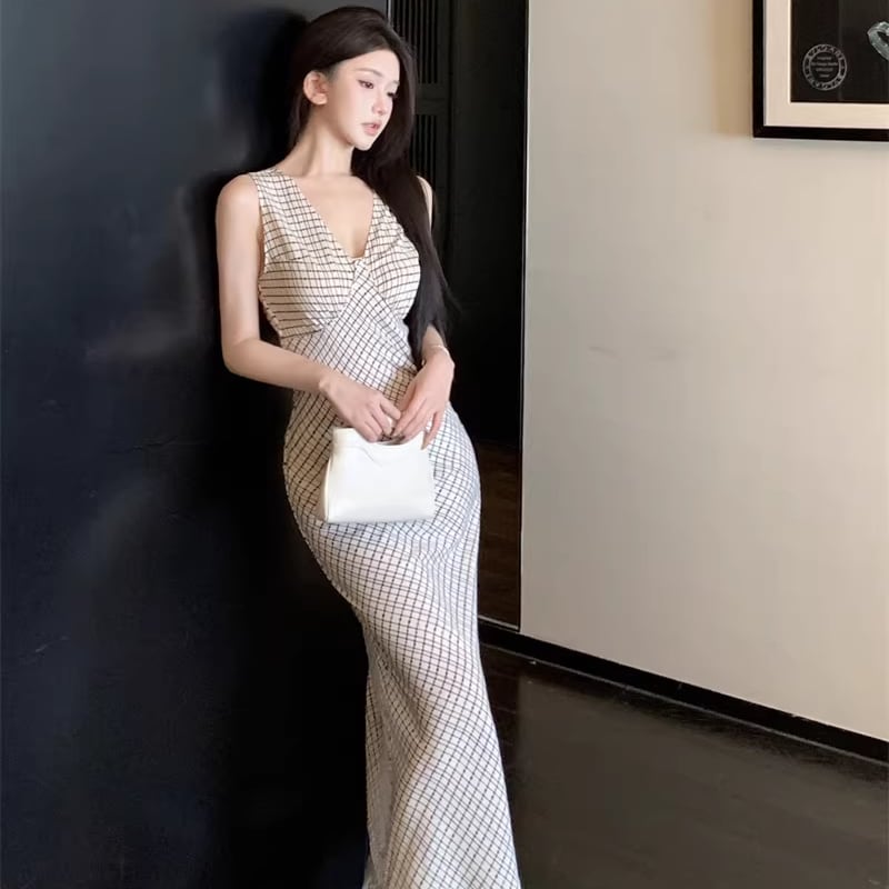 【dress】チェック柄ノースリーブロングワンピース Q8219