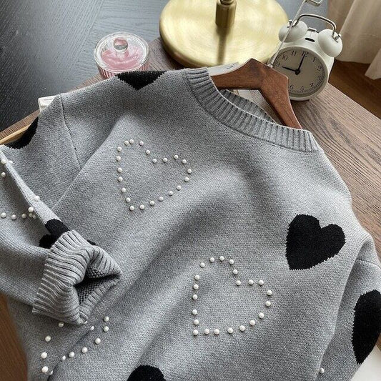 【tops】ラウンドネック長袖韓国ファッションハート柄配色ニットセーターF1057