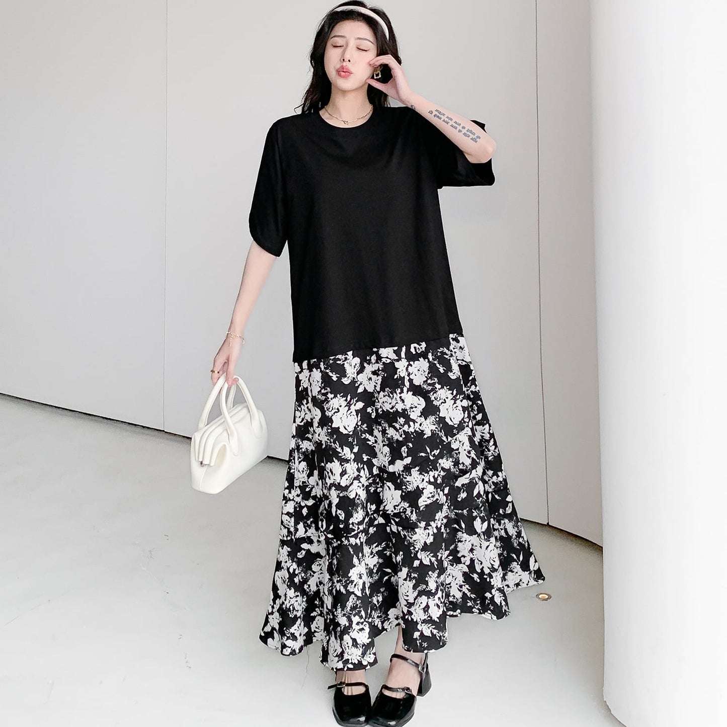 【dress】偽二つ切り替え花柄TシャツワンピースG20456