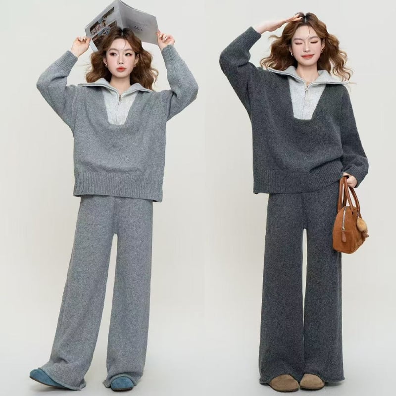 【set】フェイクレイヤードニットトップス×ワイドパンツセット Q7353