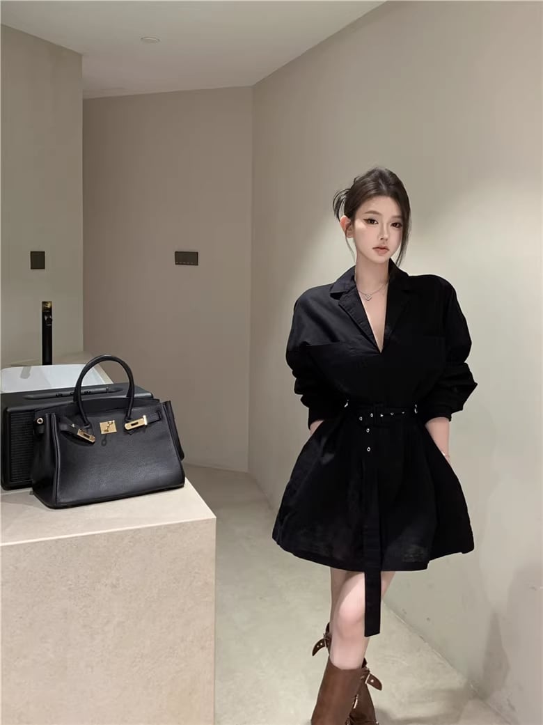 【dress】ベルト付きミニシャツワンピース Q8383
