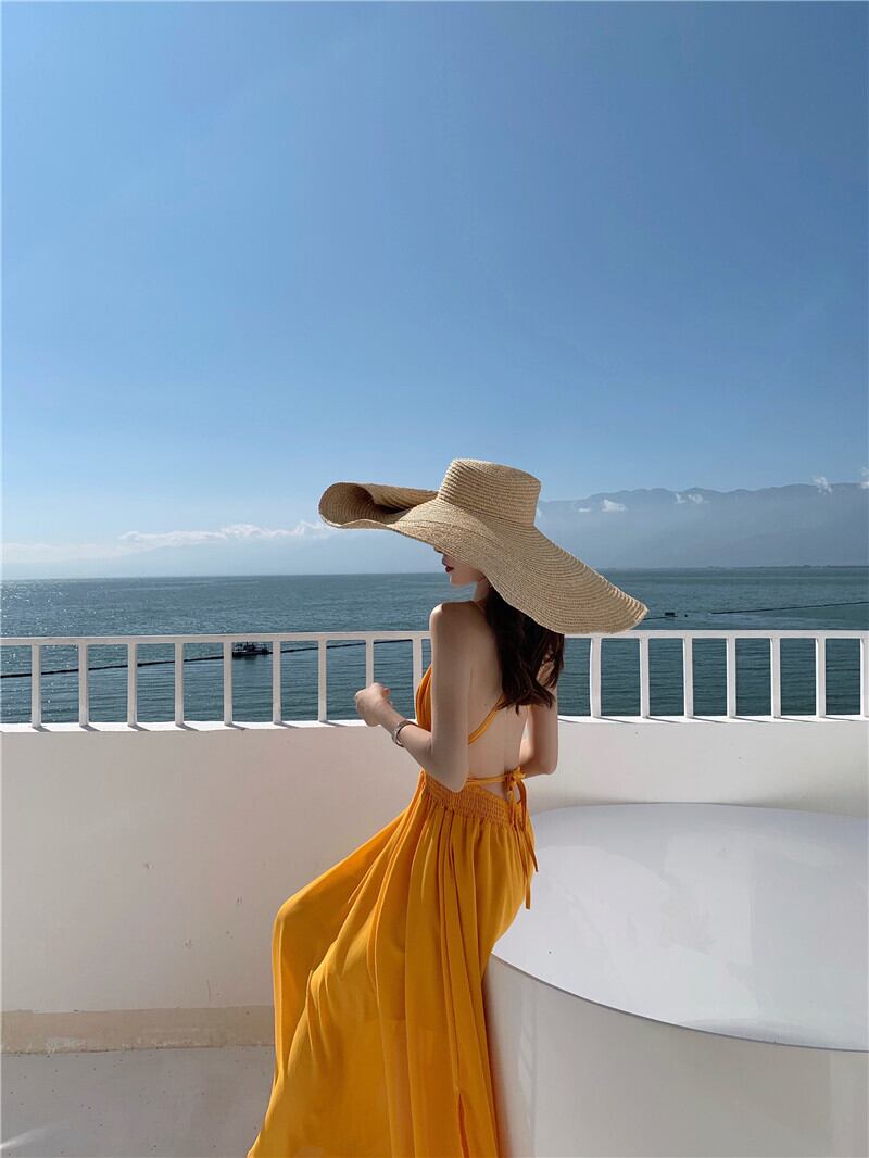 【dress】Vネック海旅行バックレスワンピースF7267