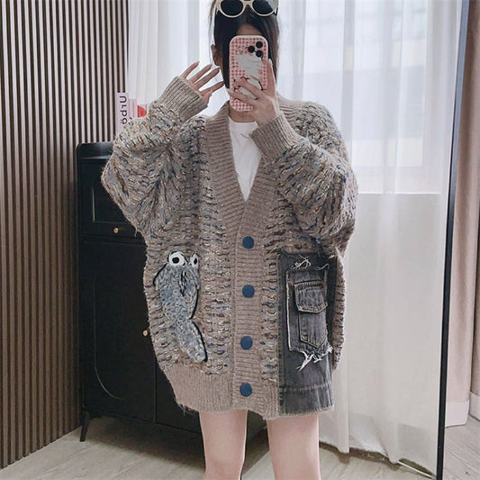 【outer】デニム切り替えニットカーデ　M25786