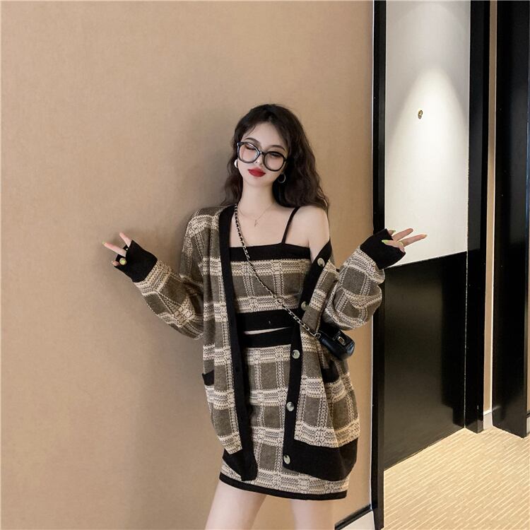 【set】好感度UP!気質満点スウィートカーディガン+キャミソール+スカートオシャレ3点セット G2816