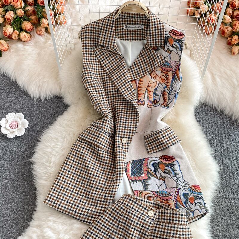 【set】チェック柄チョッキ+ショートパンツ２点セットG20716