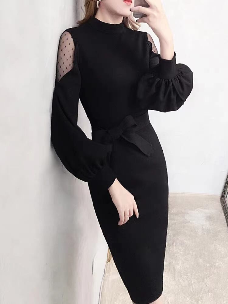 【dress】オシャレ度満点〜韓国風INS風長袖切り替え蝶々結び韓国ファッション無地タイトワンピースF3399