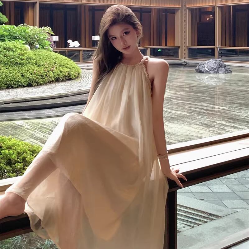 【dress】ホルターネックチュールロングワンピース Q8251