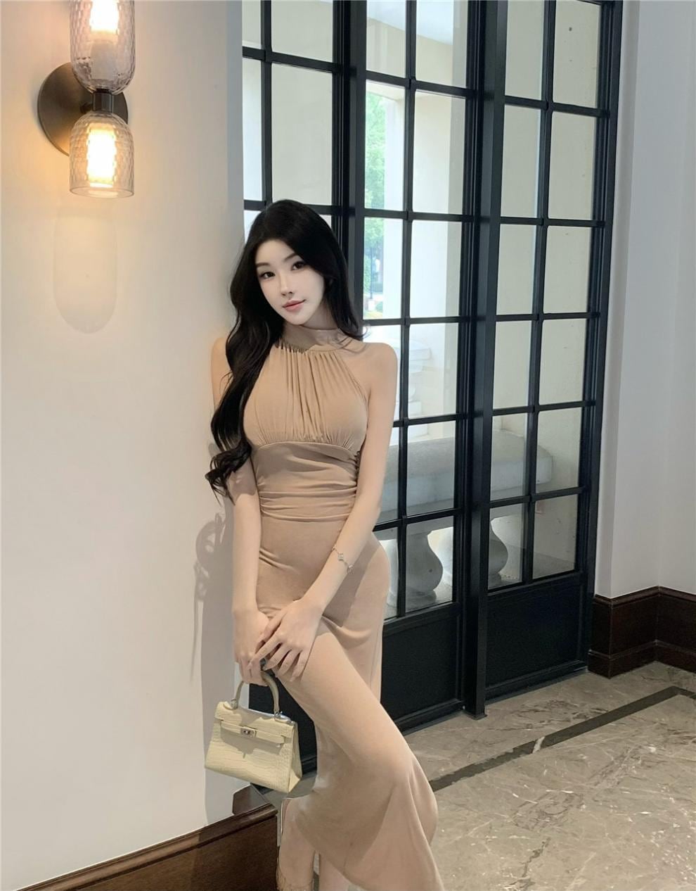 【dress】ノースリーブホルターネックロングワンピース Q7995