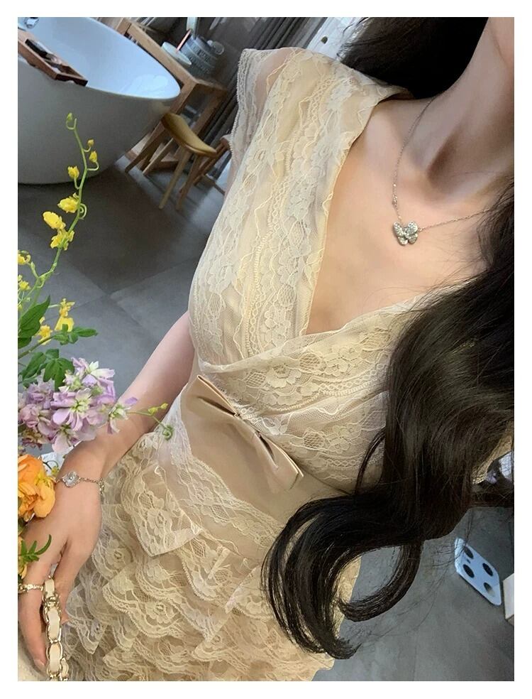 【dress】リボン付きティアードミニワンピース　N3556