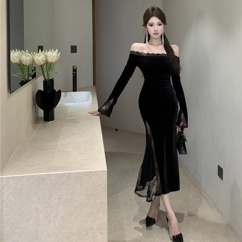 【dress】オフショルレースドッキングワンピース Q7408