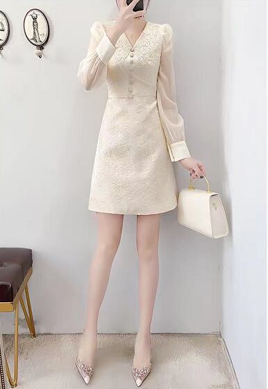 【dress】高級感溢れる春新作ドールカラー長袖ランタンスリーブ韓国ファッション無地OL通勤ワンピースF1806