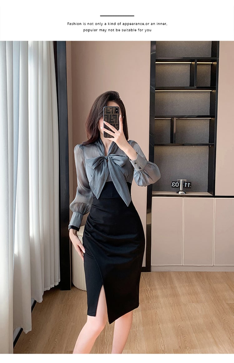 【dress】長袖偽二つ切り替えリボンワンピース G17925